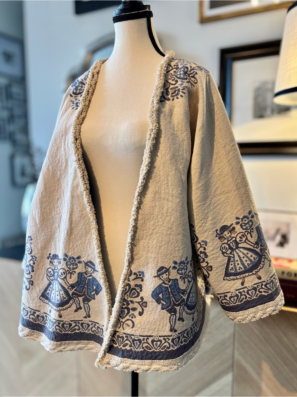 🧵 HANDMADE Embroidered Cream & Blue Boho Kimono Linen Blend Jacket O/S - Picture 12 of 15